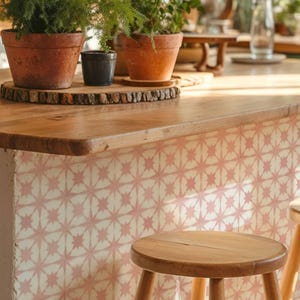 May include: A kitchen counter with a wooden top and a pink and white starburst tile design on the side. Terra cotta pots with green plants sit on a wooden slab. A wooden stool is in the foreground.