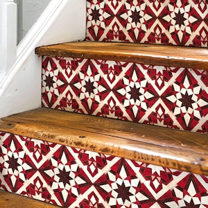 Rustic Moroccan Tile Pattern, Stair Riser Stickers,Peel and Stick Stair Riser,Vinyl Strip Self Adhesive,Easy to Trim,Removable DIY Decor