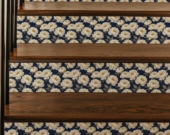 Midnight Botanical Peony Pattern,Stair Riser Stickers,Peel and Stick Stair Riser,Vinyl Strip Self Adhesive,Easy to Trim,Removable DIY Decor