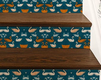 Azure Swan Drift Pattern,Stair Riser Stickers,Peel and Stick Stair Riser,Vinyl Strip Self Adhesive,Easy to Trim,DIY Decor
