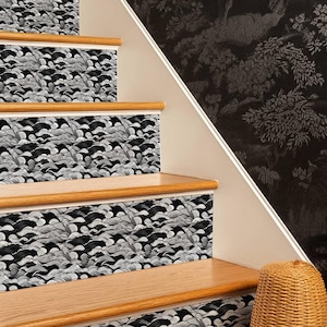 Classic Wave Black and White Pattern,Stair Riser Stickers,Peel and Stick Stair Riser,Vinyl Strip Self Adhesive,Easy to Trim