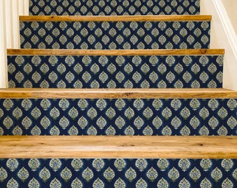 Indigo Blue Botanical Block Print Pattern,Stair Riser Stickers,Peel and Stick Stair Riser,Vinyl Strip Self Adhesive,Easy to Trim,DIY Decor