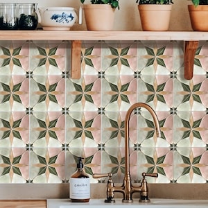 May include: Kitchen backsplash with a repeating starburst tile pattern in shades of pink, green, and cream. A brass faucet and white sink are in the foreground. Shelves above hold potted plants and decorative items.