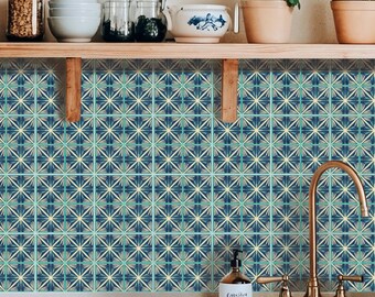 Teal Cream Art Deco Sunburst Medallion Pattern,Peel & Stick Tile Sticker,Kitchen Bathroom Backsplash,Removable Decals