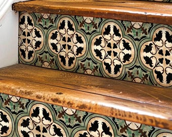 May include: Close-up of a set of wooden stairs with a decorative tile pattern on the risers. The tiles are a mix of black, white, green, and brown, with a floral design.