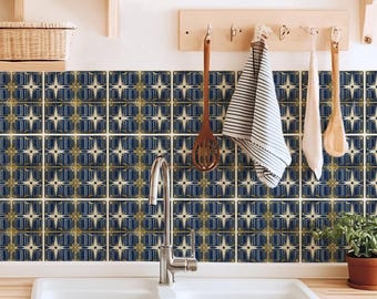 Indigo Art-Deco-Gittermuster, Fliesenaufkleber, Fliesenaufkleber, Küche Badezimmer Backsplash, Abnehmbare Abziehbilder, DIY-Vinyl Renters Dekor - PACKUNG MIT 12 Fliesen