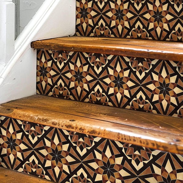 Rustic Moroccan Tile Pattern, Stair Riser Stickers,Peel and Stick Stair Riser,Vinyl Strip Self Adhesive,Easy to Trim,Removable DIY Decor