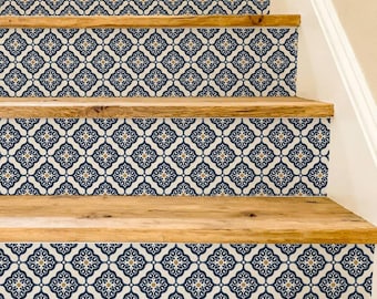 Indigo Coastal Arabesque Pattern,Stair Riser Stickers,Peel and Stick Stair Riser,Vinyl Strip Self Adhesive,Easy to Trim,DIY Decor