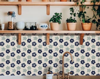 Navy Scandi Petal Herringbone Muster, Fliesenaufkleber, Abziehbilder