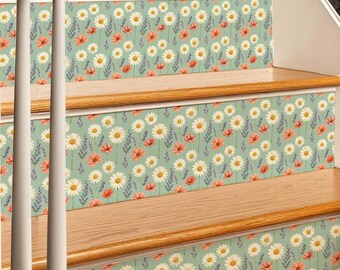Sage Wildflower Garden Pattern,Stair Riser Stickers,Peel and Stick Stair Riser,Vinyl Strip Self Adhesive,Easy to Trim,Removable DIY Decor