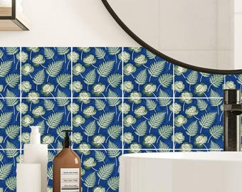 Cobalt Botanical Silhouette Pattern,Pattern Stickers,Peel & Stick Vinyl,Kitchen Bathroom Backsplash,DIY Decor - PACK OF 12