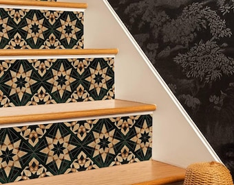 Rustic Moroccan Tile Pattern,Stair Riser Stickers,Peel and Stick Stair Riser,Vinyl Strip Self Adhesive,Easy to Trim,Removable DIY Decor