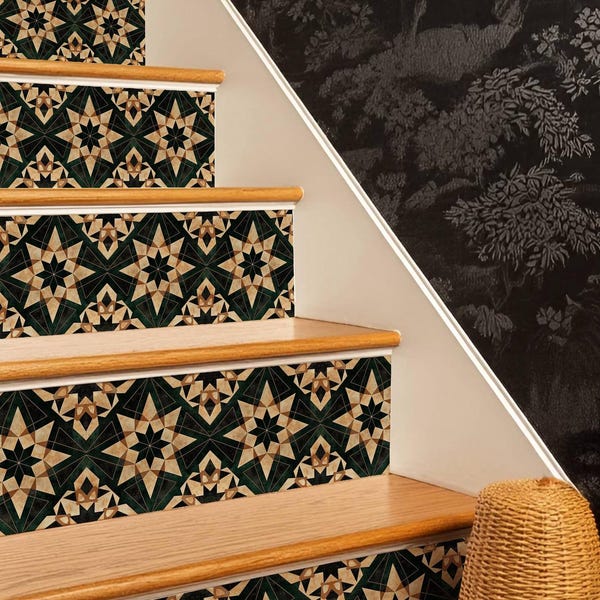 Rustic Moroccan Tile Pattern,Stair Riser Stickers,Peel and Stick Stair Riser,Vinyl Strip Self Adhesive,Easy to Trim,Removable DIY Decor