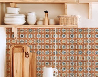 Terracotta Boho Star Pattern,Peel & Stick Tile Sticker,Kitchen Bathroom Backsplash,Removable Decals,DIY Vinyl Renters decor - PACK OF 12