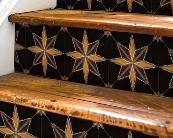 Boho Star Tile Pattern,Stair Riser Stickers,Peel and Stick Stair Riser,Vinyl Strip Self Adhesive,Easy to Trim,Removable DIY Decor