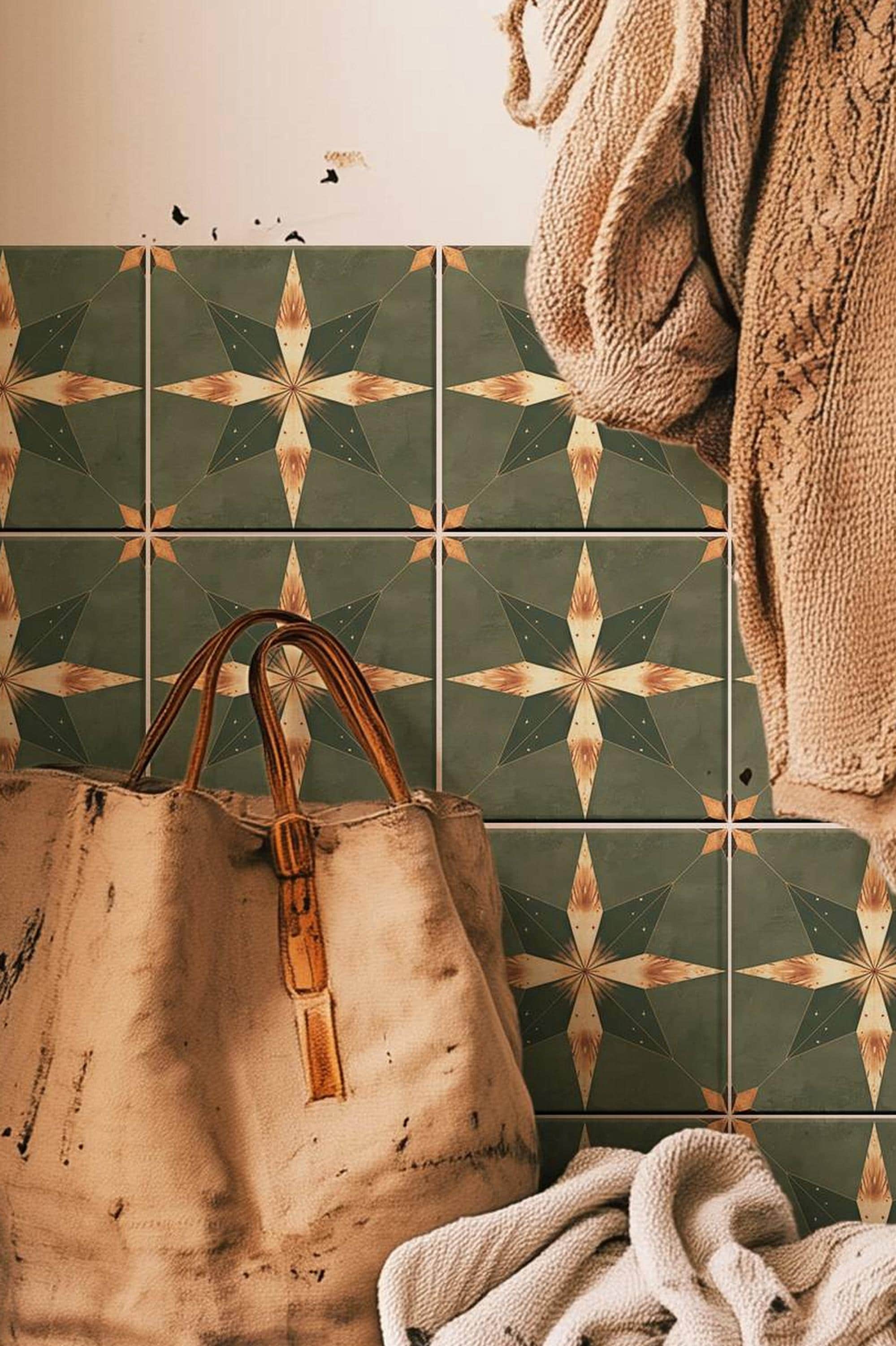 Boho_Star_Tile Pattern,Peel & Stick Tile Sticker,Kitchen Bathroom Backsplash,Removable Decals,DIY Vinyl Renters decor - PACK OF 12