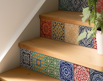 Mexican Talavera Tile Stair Riser Self Adhesive Vinyl Stickers,Peel&Stick Home Decor,Vinyl Strip Self Adhesive,Easy to Trim,DIY Decor