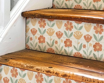 Sun-Drenched Botanical Mosaic Pattern,Stair Riser Stickers,Peel and Stick Stair Riser,Vinyl Strip Self Adhesive,Easy to Trim