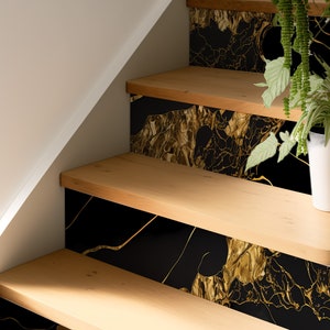 Black Gold Marble Tile Wall Stair Riser Self Adhesive Vinyl Stickers,Peel&Stick Home Decor,Vinyl Strip Self Adhesive,Easy to Trim,DIY Decor
