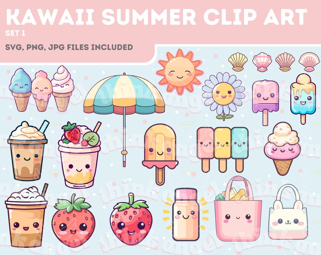 Kawaii Summer Clip Art, Cute Summer Vector, Kawaii Ice Cream, Cute