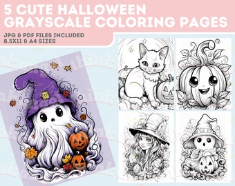 5 Cute Halloween Coloring Page, Cute Ghost Coloring Pages, Cute Pumpkin Coloring Pages, Digital Download, PDF,
