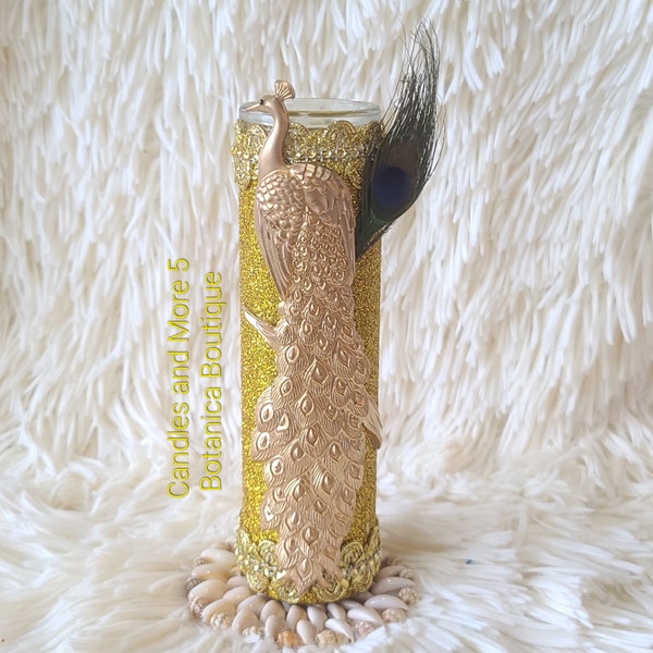 Oshun golden peacock candle/ Vela dorada de pavo real para Oshun