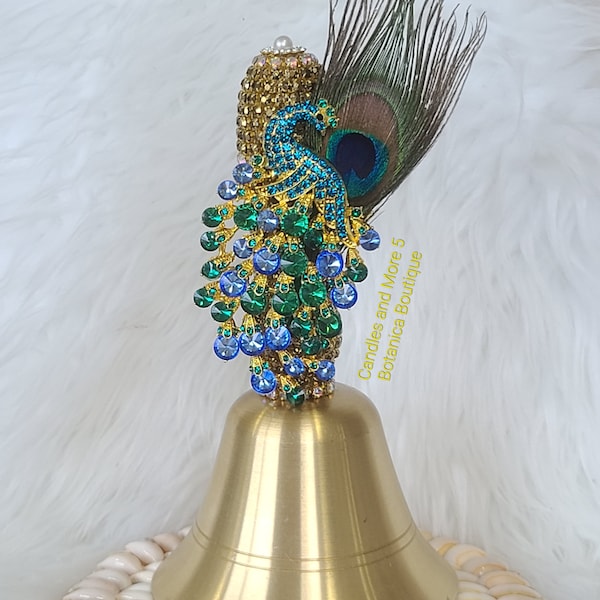 Oshun Peacock rhinestone brass bell/Campana de pavo real y cobre forada con piedras brillantes para Orisha Oshun Ochun