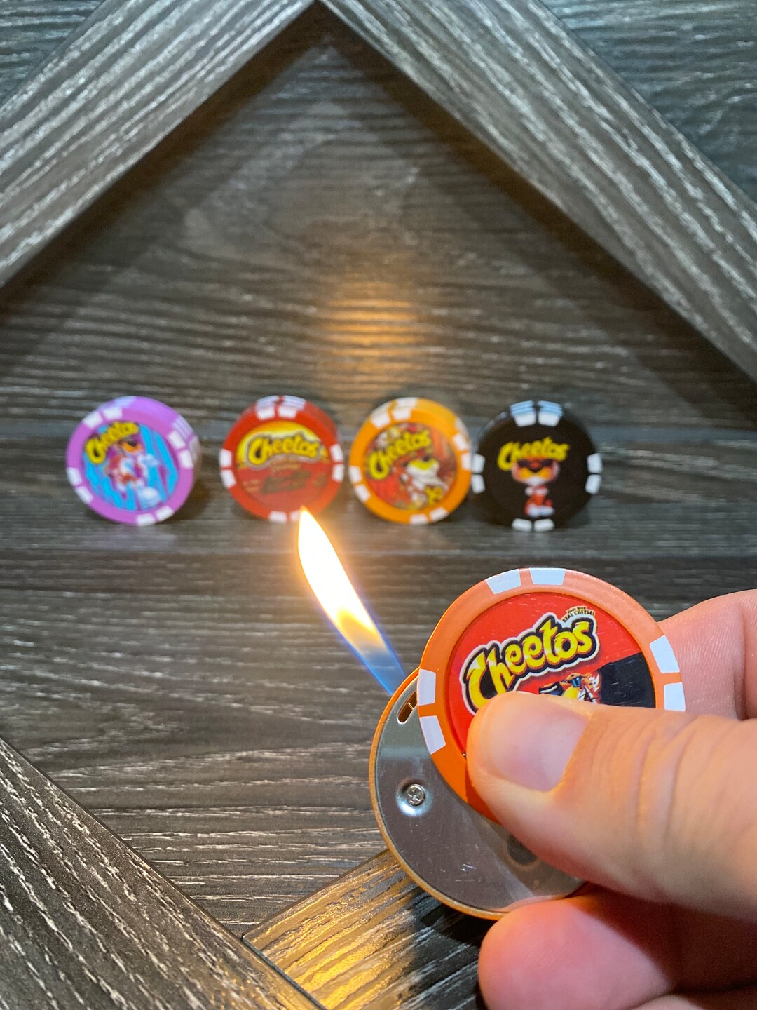 Poker Chip Cheetos Flaming Hot Refillable Torch Flame Inflatable Cigarette Chip Lighter. lighter