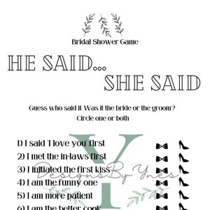 He Said... She Said bridal shower game | nature themed | white and brown background options | instant download
