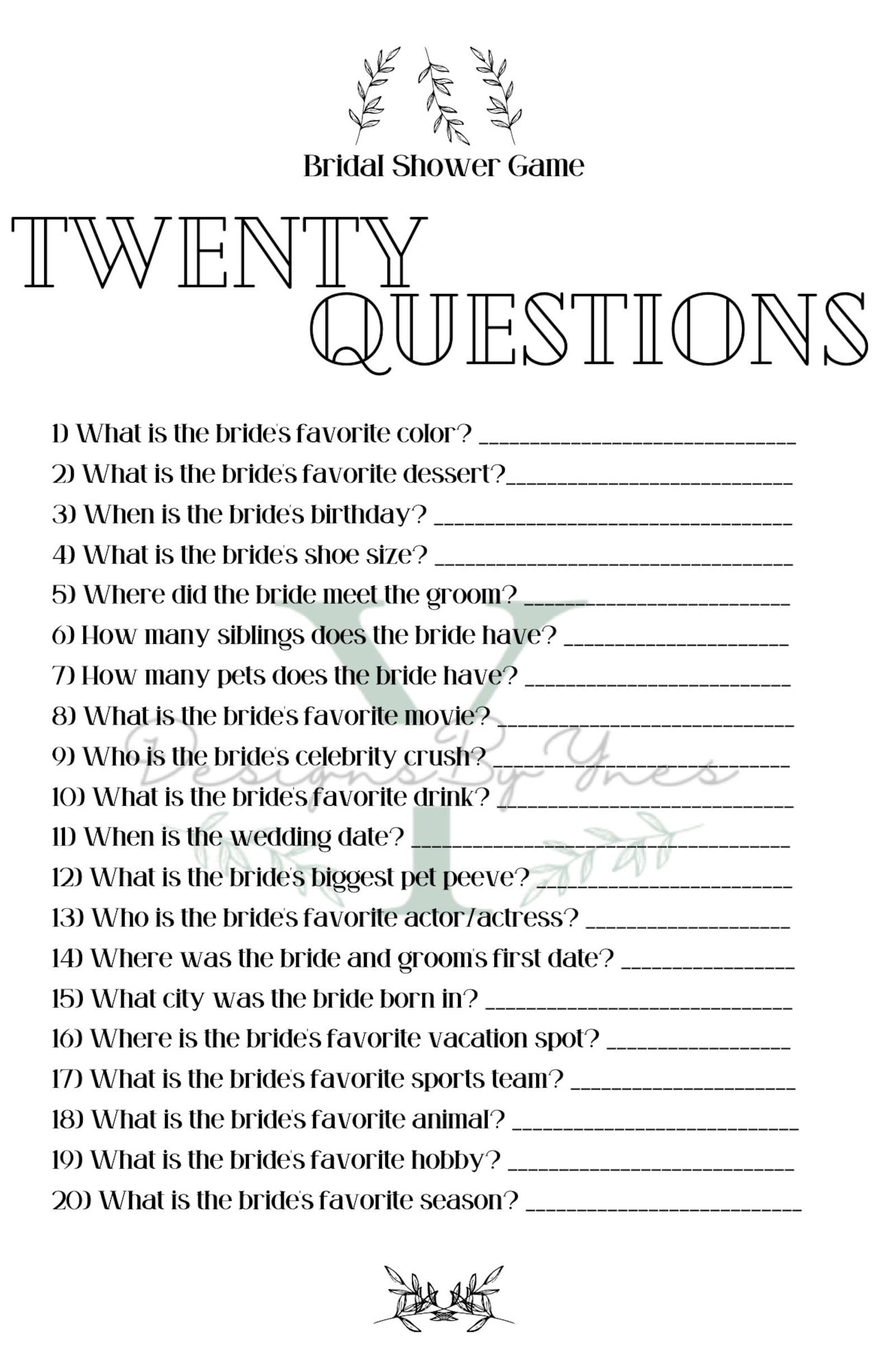 Twenty Questions Bridal Shower Game Simple Nature Theme White and Brown ...
