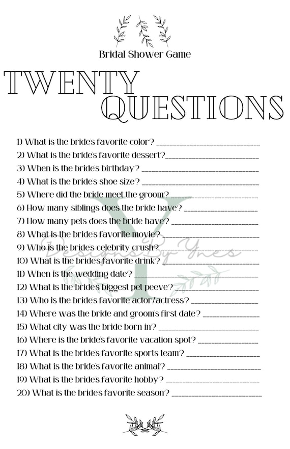 Bridal Shower Game Cards – “Twenty Questions About The Bride”, 25 Cards, 5x7 Inches, Minimalist Brown Design