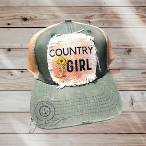 Country Girl Frayed Patch Trucker Hat: Sunflower Boots Design
