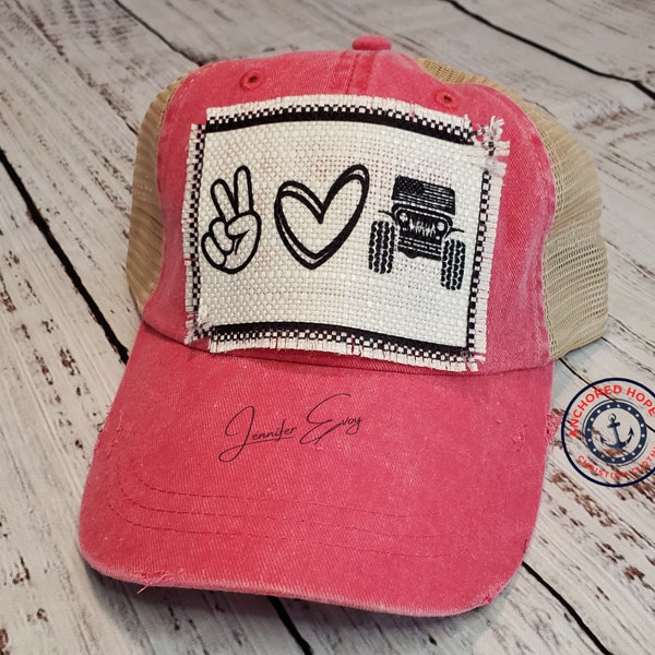 Peace Love Jeeps Frayed Patch Hat, Jeep Hat, Patch Hat, Frayed Patch, Trucker's Hat, Mesh Hat, Jeep Patch, Jeep Hat, Jeep Wave Hat