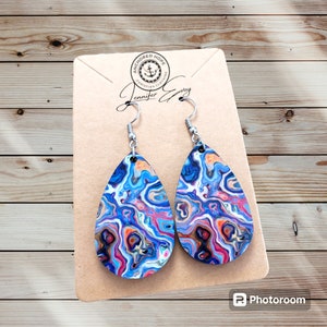 Watercolor Tear Drop Dangle Earrings, Blue Earrings, Double Sided Dangle Earrings, Mosaic Earrings, Colorful Dangle Earrings, Blue and Pink