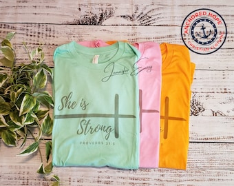 She is Strong Proverbs 31 Scripture Shirt, Proverbs 31 Tee, Scripture Tee, Faith Tee, Religious Shirt, Vertical Cross, Christian Gift