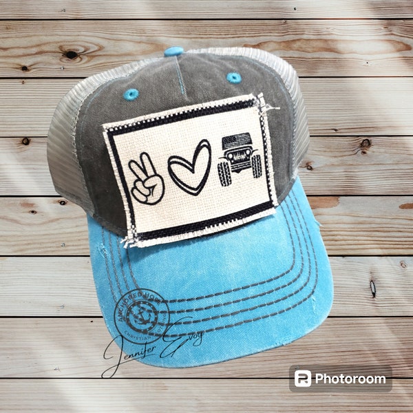 Peace Love Jeeps Frayed Patch Hat, Jeep Hat, Patch Hat, Frayed Patch, Trucker's Hat, Mesh Hat, Jeep Patch, Jeep Hat, Jeep Wave Hat