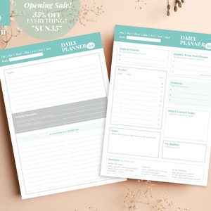 Könnte beinhalten: Zwei druckbare Tagesplaner-Seiten in einem hellblauen und grauen Farbschema. Die linke Seite hat Abschnitte für "Heute", "Dankbarkeit", "Was ich heute gelernt habe" und "Meine Hobbys". Die rechte Seite hat Abschnitte für "Zu tun", "Notizen", "Routinen" und "Ein guter Schritt zu einem freudigen Tag".