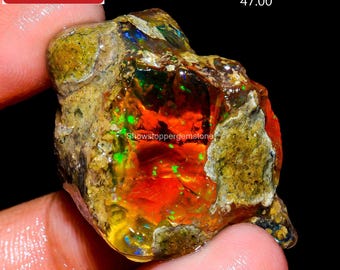 Pietra preziosa grezza di opale, opale di fuoco di Welo di cristallo naturale, fuoco appariscente, esemplari di opale etiope grezzo, opale d'acqua grezzo 47 carati 34X21X15 mm
