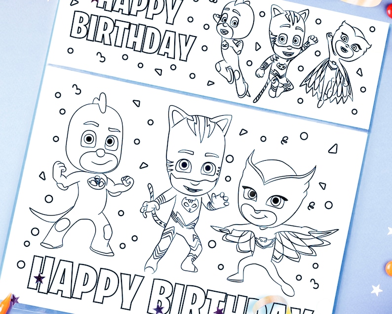 Pj Masks Happy Birthday Coloring Gift Card Party Birthday Etsy