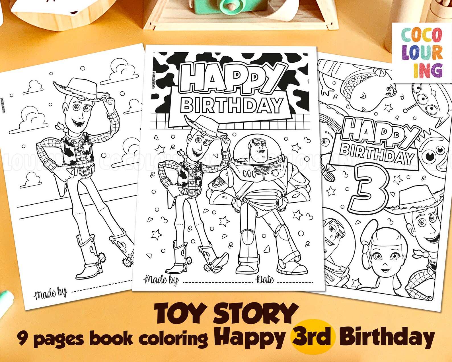 Toy Story Characters Happy 3rd Birthday 9 Fun Coloring Pages - Etsy