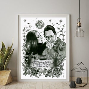 Stampa artistica del tatuaggio di Morticia e Gomez della famiglia Addams