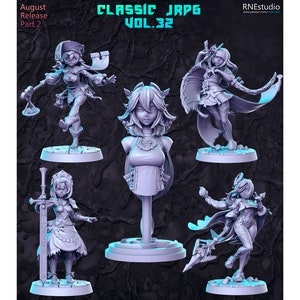 Könnte beinhalten: Fünf 3D-gedruckte Miniaturfiguren von weiblichen Charakteren aus einem klassischen JRPG-Videospiel. Die Figuren sind in verschiedenen Action-Posen dargestellt und tragen unterschiedliche Outfits. Die Figuren sind in hellgrau lackiert und vor einem dunklen Hintergrund platziert.