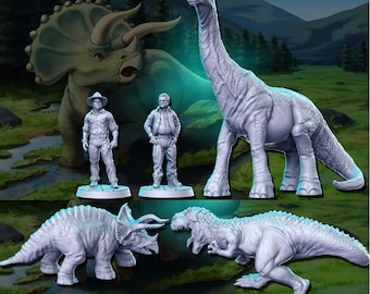 May include: A set of five gray plastic dinosaur figurines, including a Tyrannosaurus Rex, a Triceratops, a Brachiosaurus, and two human figures. The dinosaurs are posed in a dynamic action scene, while the human figures are standing in a relaxed pose. The figurines are set against a green and blue background.