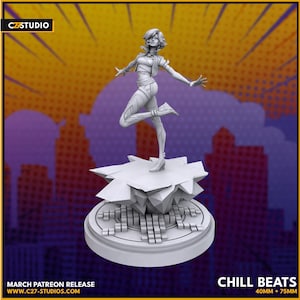 May include: A white figurine of a woman in a dynamic pose, standing on a geometric base with a sound wave design. The figure is wearing a futuristic outfit. The base is on a round platform. The text "CHILL BEATS" is visible.