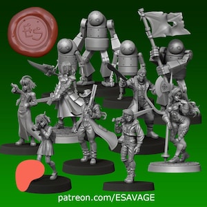 Puede incluir: Colección de figuras en miniatura sin pintar, que incluye robots, guerreros y personajes con armas. Las figuras están sobre bases negras, con un sello rojo en la esquina superior izquierda y el texto "patreon.com/ESAVAGE" en la parte inferior.