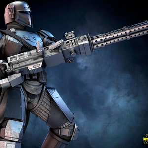 May include: A blue and gray Mandalorian with a large, detailed, silver weapon. The weapon has multiple barrels and is pointed towards the right side of the image. The background is a dark blue with a smoky effect. The text "STAR WARS" is in the lower right corner of the image.