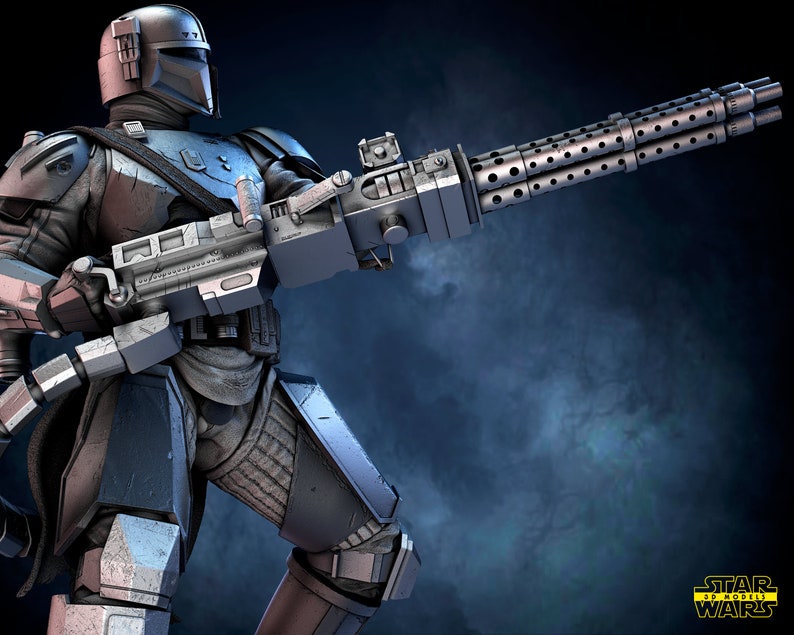 May include: A blue and gray Mandalorian with a large, detailed, silver weapon. The weapon has multiple barrels and is pointed towards the right side of the image. The background is a dark blue with a smoky effect. The text "STAR WARS" is in the lower right corner of the image.