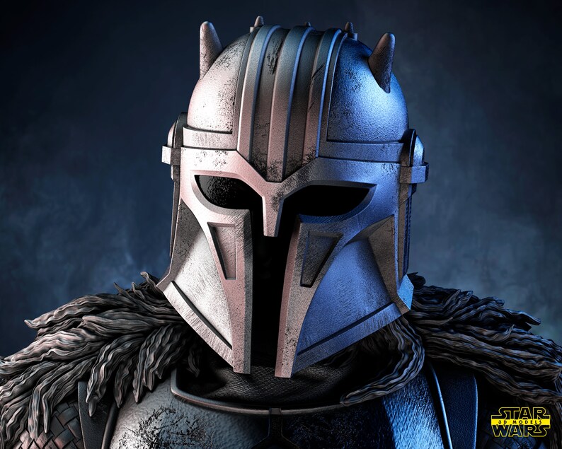 May include: A close-up of a silver and blue Mandalorian helmet with horns. The helmet has a weathered look and is made of metal. The helmet is from the Star Wars universe.