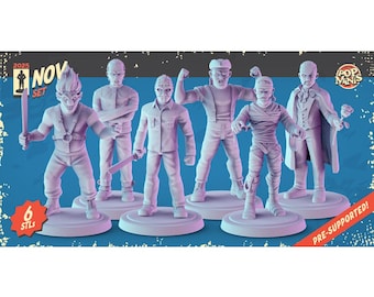 May include: A set of six light gray miniature figures of horror movie characters, including a clown, a masked figure with a knife, and a mummy. The figures are on circular bases, with the text "6 STLS" and "NOV SET" visible.