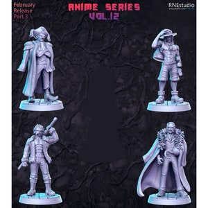 Könnte beinhalten: Vier 3D-gedruckte Figuren von Charakteren aus der Anime-Serie "One Piece". Die Figuren sind in Grau lackiert und stehen auf runden Sockeln. Der Text "Anime Series Vol. 12" ist oben im Bild sichtbar.